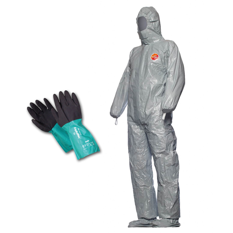 TYCHEM F COMBINAISON RESISTANCE CHIMIQUE AVEC GANTS ANSELL 58-535W EN CHAUSSETTES ATTACHES